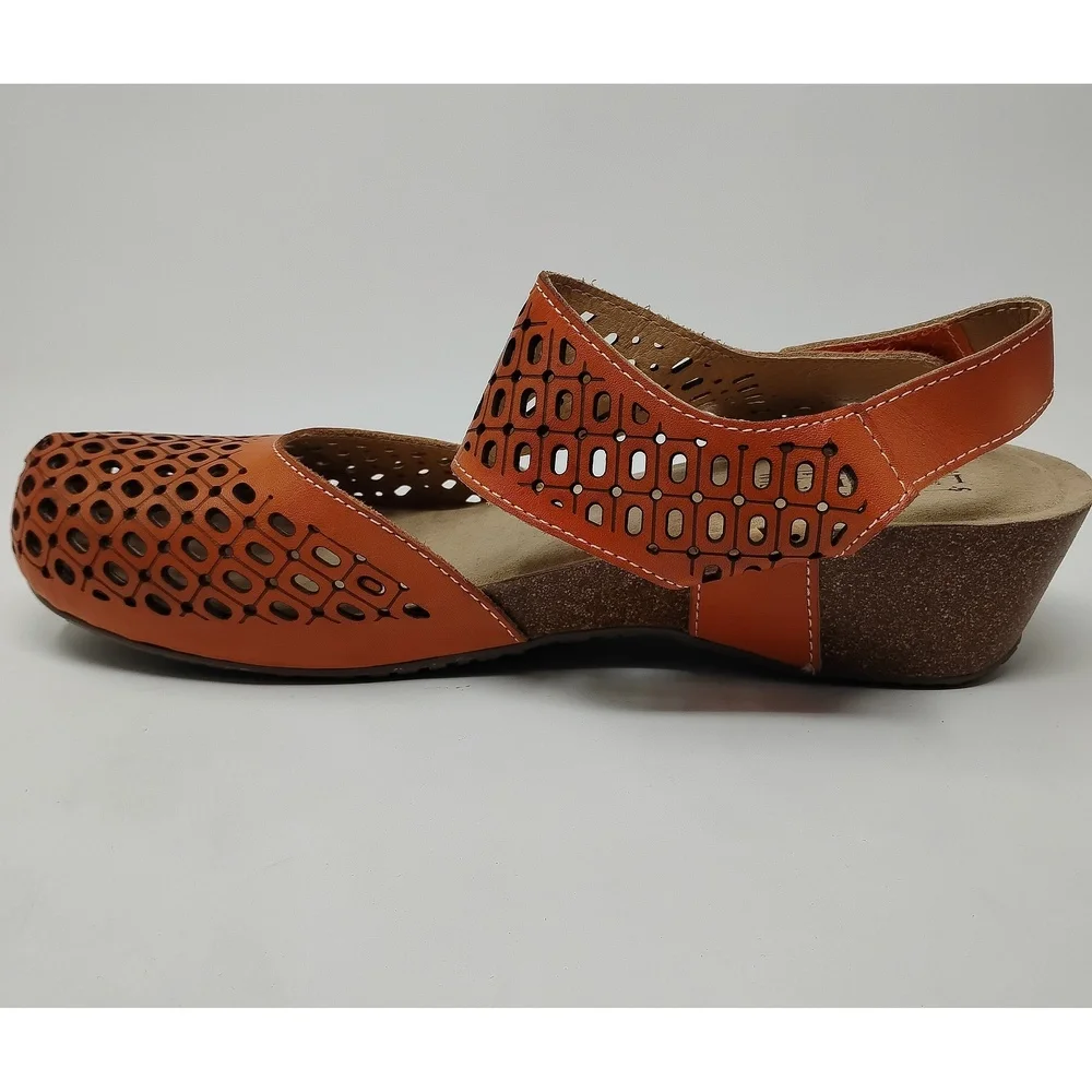L'Artiste Leather Sandal Size 42 Boho Artisan Wedge Geometric Cutout Slip-On